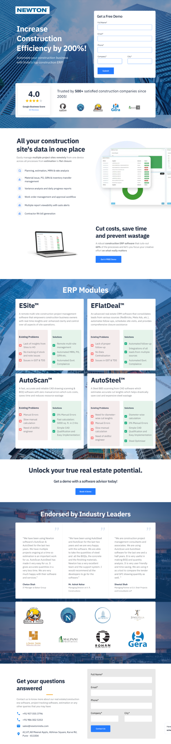 Newton construction ERP landing page, Increase Construction Efficiency by 200%