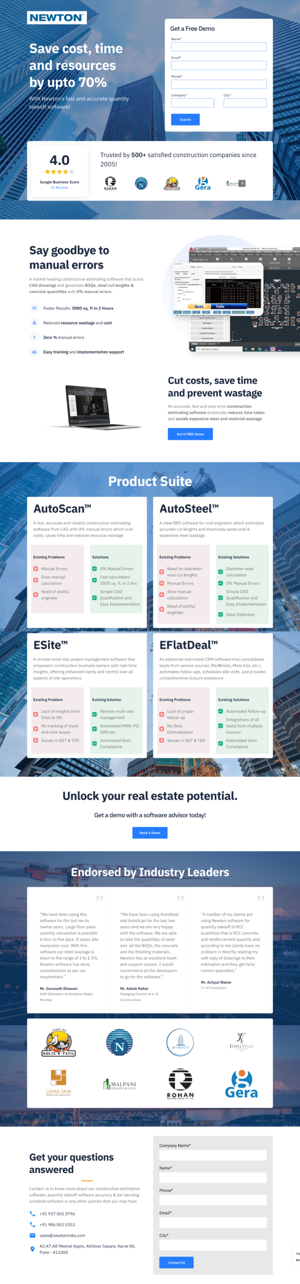 Newton construction estimation landing page, Save cost, time and resources by upto 70%